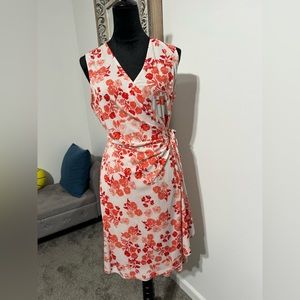 Donna Morgan dress-wrap, white and orange floral, knee-length, Size 12.